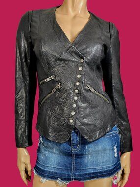 2000s Black Lamb Leather Jacket Lace Up Back Size 8 Moto Grunge Indie Sleaze